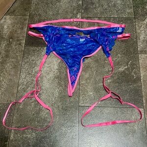 New! Blue and Pink Lace Thong with a Garter Belt Harness XXL